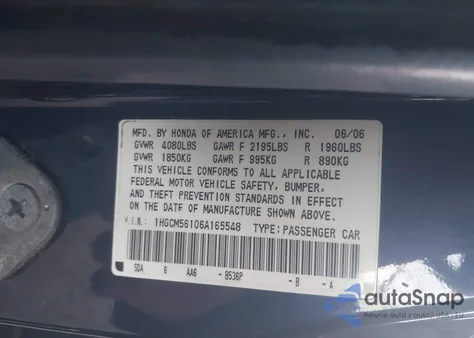 2006 Honda Accord 2.4 Vp z USA, uszkodzony, nr VIN 1HGCM56106A165548